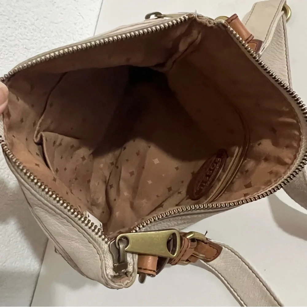 Vintage Fossil Beige Cream Pebbled Leather Crossbody Messenger Bag Unisex